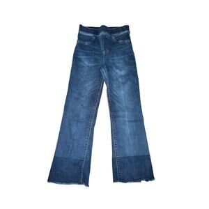 Spanx Cropped Flare Denim Jeans Women's Size S Blue Medium Wash Raw Hem Mid Rise